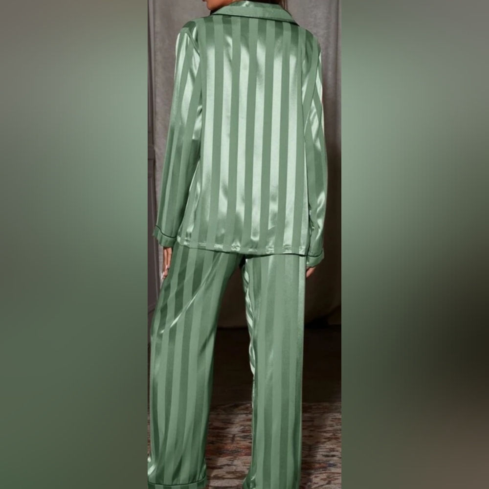 Contrast Binding Satin Night Set, pajama satin, green